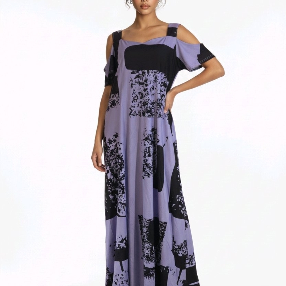 Shein 3XL Elegant Purple and Black Women's Cold Shoulder Maxi Dress Silky Soft
